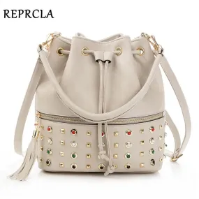 REPRCLA Luxury Brand Women Bucket Bag Fashion Tassel Shoulder Bag High Quality Rivet Messenger Bags Female Crossbody Bag Tote