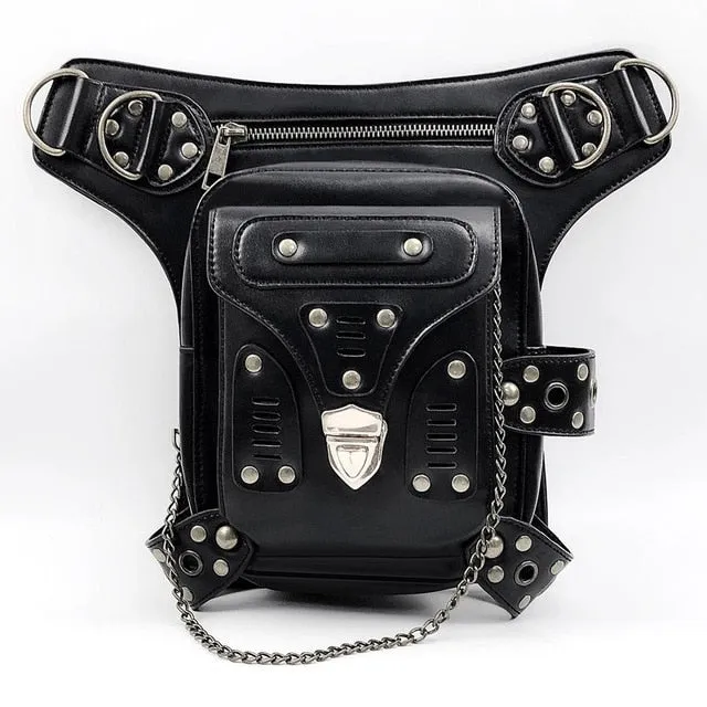 Retro Steampunk Black Leather Messenger Rock Waist Bag