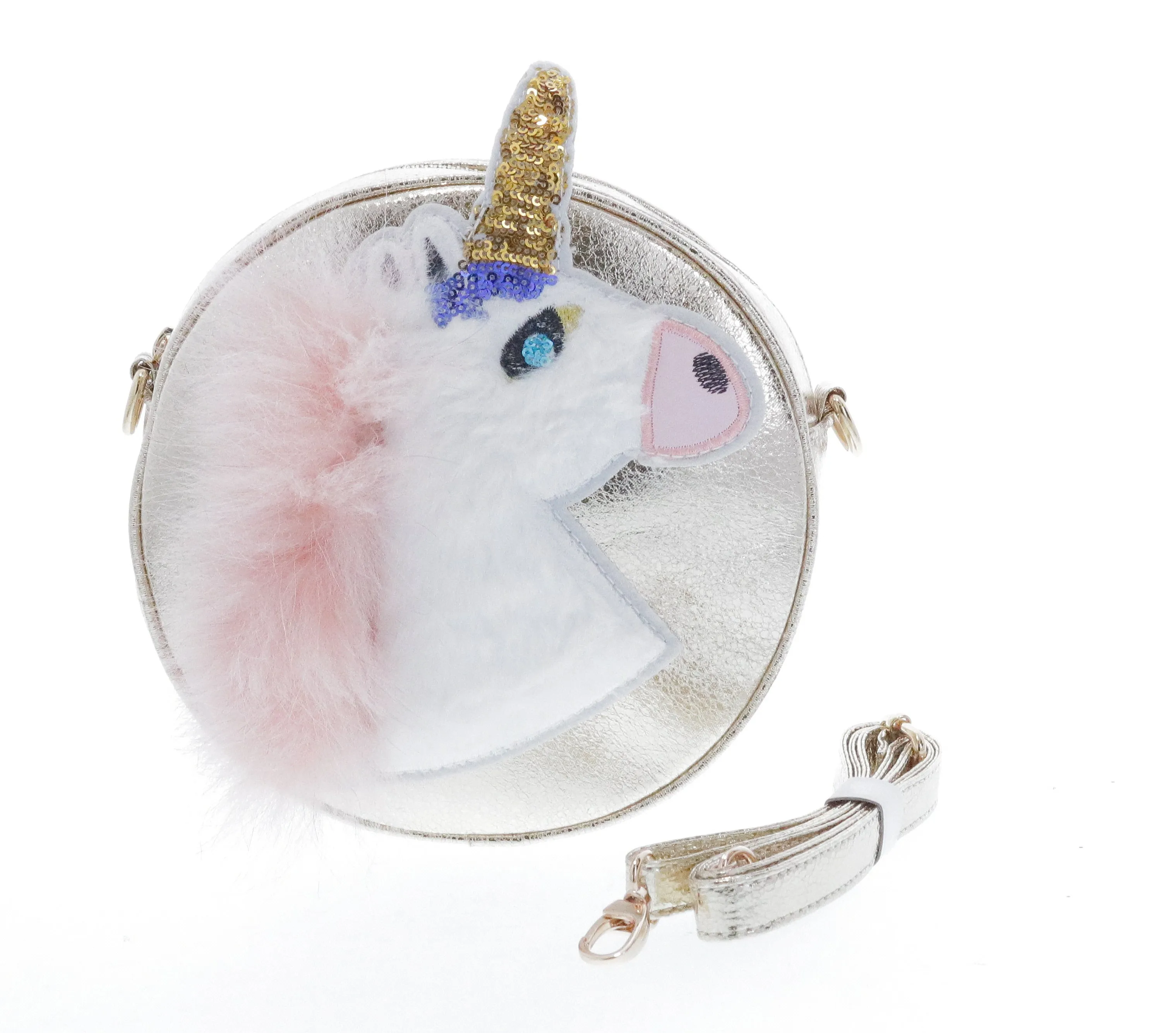 Round Shaped Unicorn Head w/ Fur Cross Body - Gold