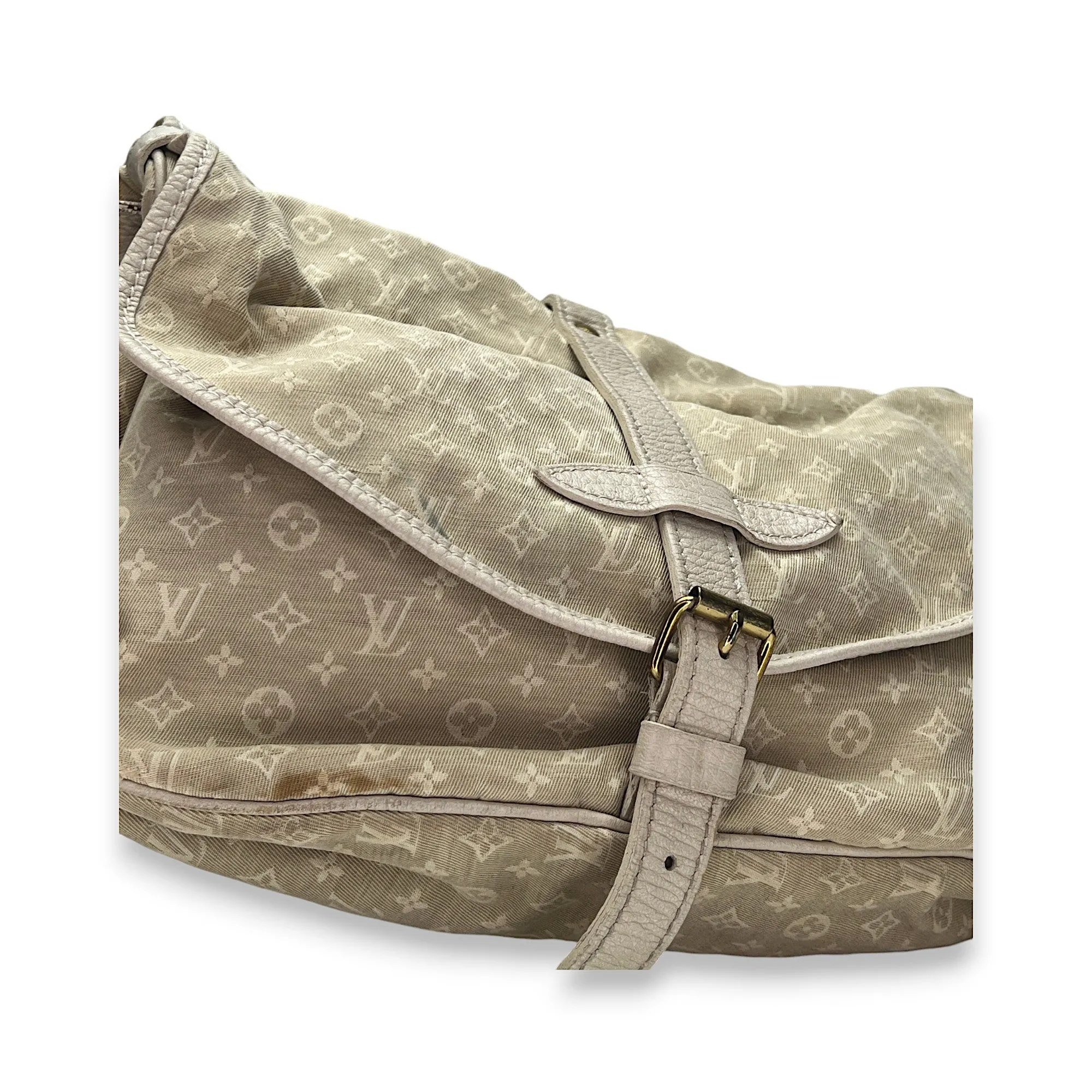 Saumur PM Beige Messenger Bag in Canvas, Gold hardware