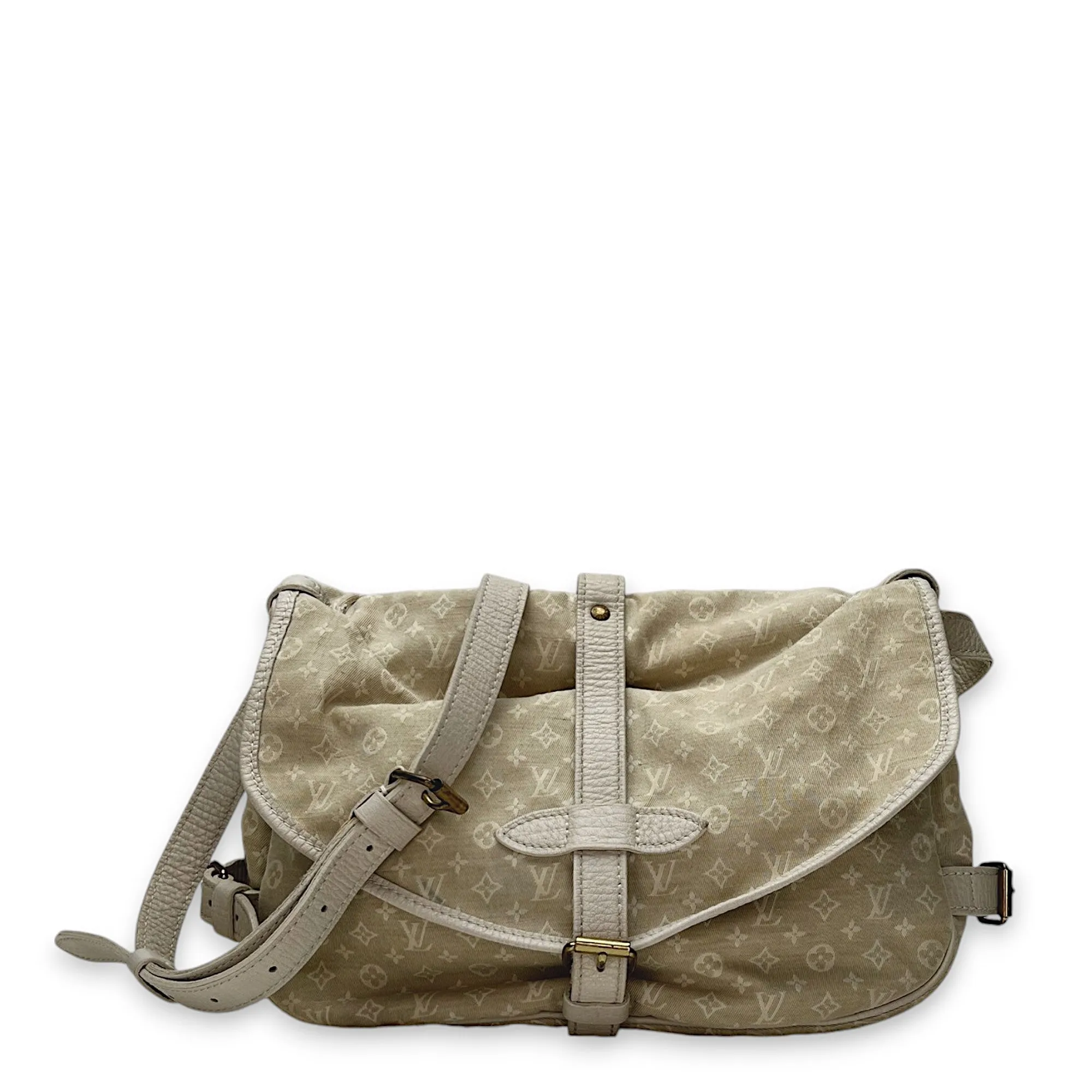 Saumur PM Beige Messenger Bag in Canvas, Gold hardware