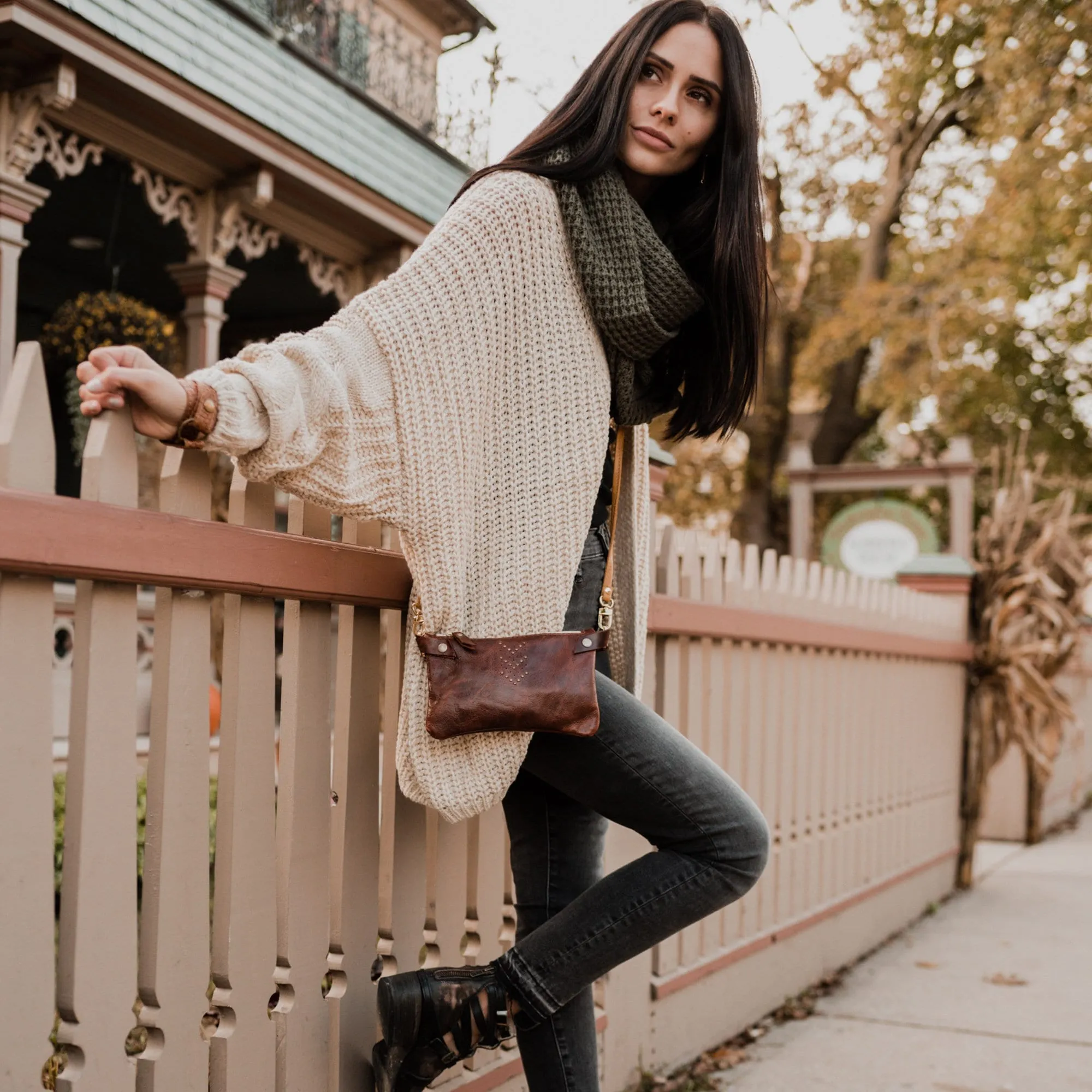 Small Leather Shoulder Bag Crossbody Purse For Women - Hand Painted in Colors of Saddle Brown & Peach - One Of A Kind