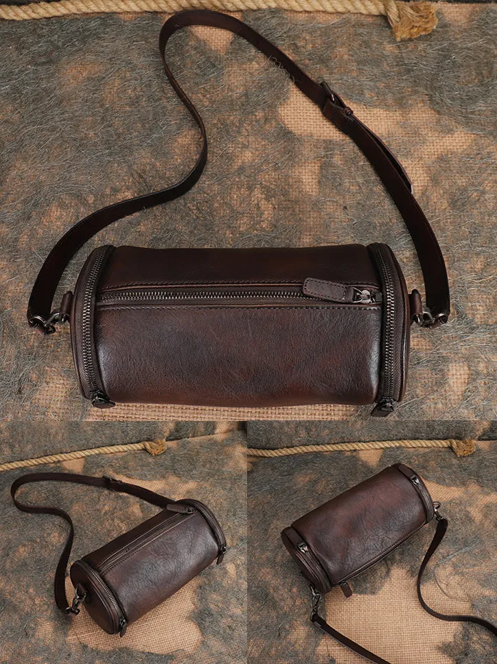 Small Womens Leather Barrel Handbag Shoulder Bag Black Crossbody Bags For Women