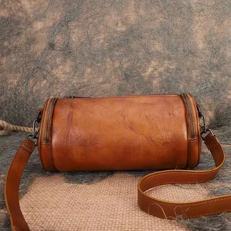 Small Womens Leather Barrel Handbag Shoulder Bag Black Crossbody Bags For Women