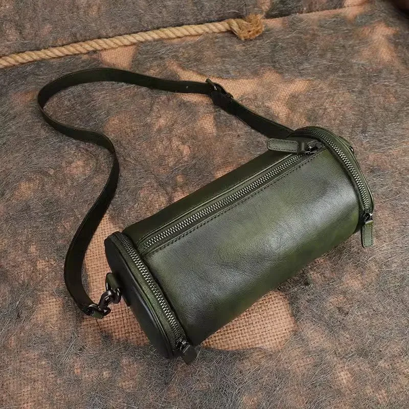 Small Womens Leather Barrel Handbag Shoulder Bag Black Crossbody Bags For Women