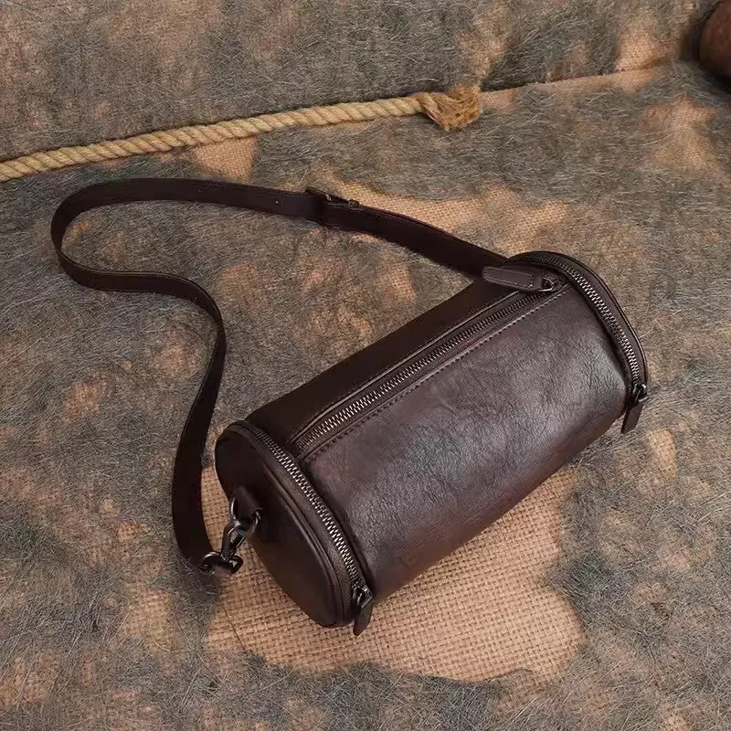 Small Womens Leather Barrel Handbag Shoulder Bag Black Crossbody Bags For Women