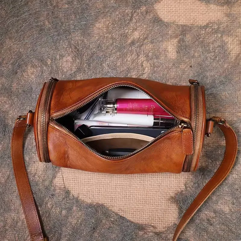 Small Womens Leather Barrel Handbag Shoulder Bag Black Crossbody Bags For Women