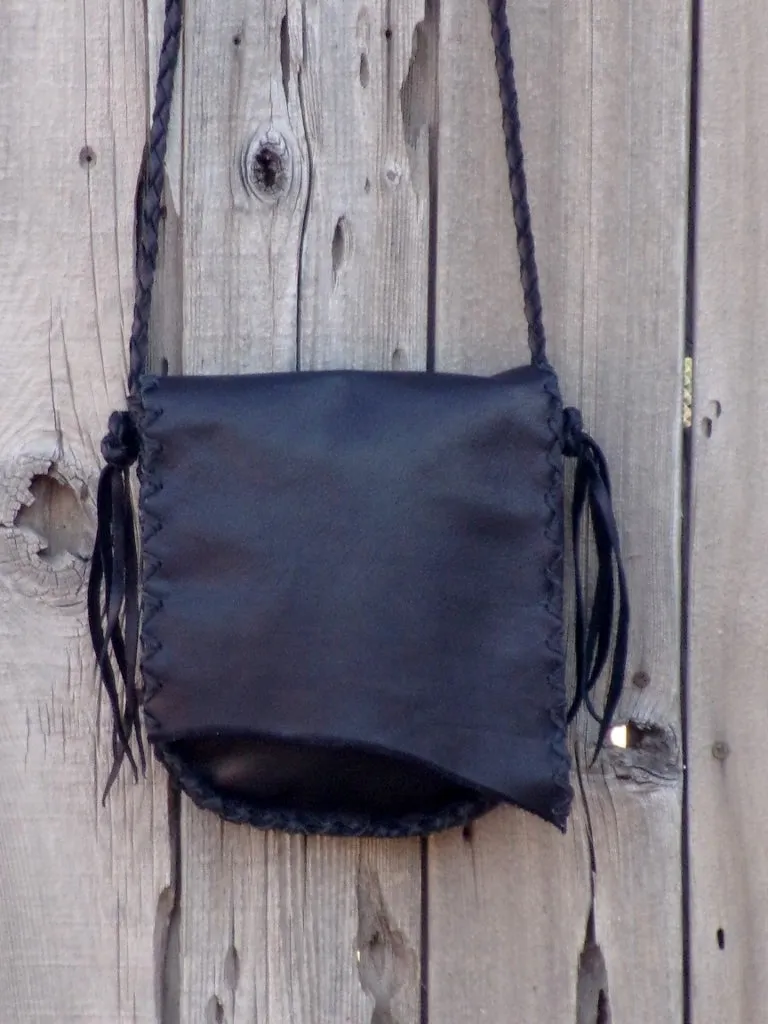 Soft black leather bag , Black crossbody handbag , Simple black purse