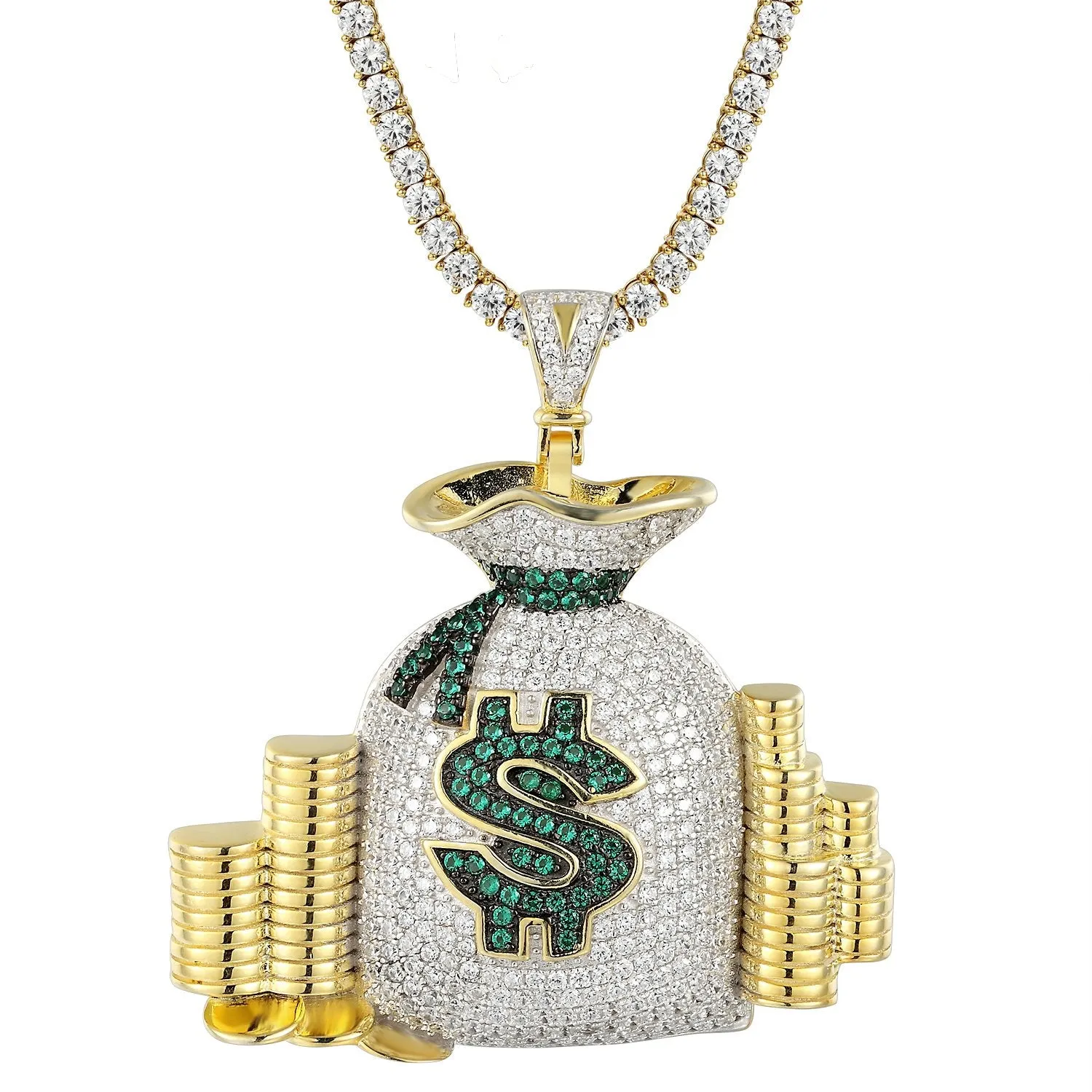 Sterling Silver Money Bag Bling Cash Coins Pendant