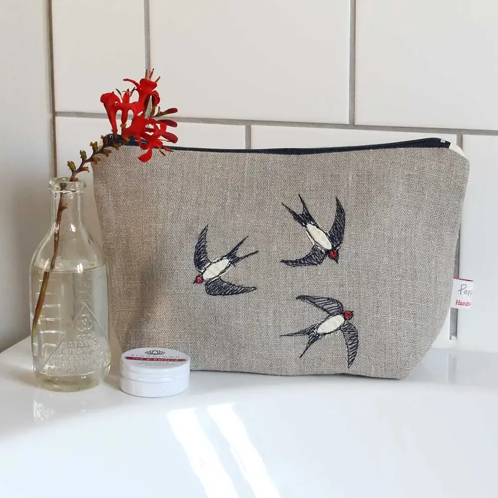 Swallows Embroidered Large Makeup Bag