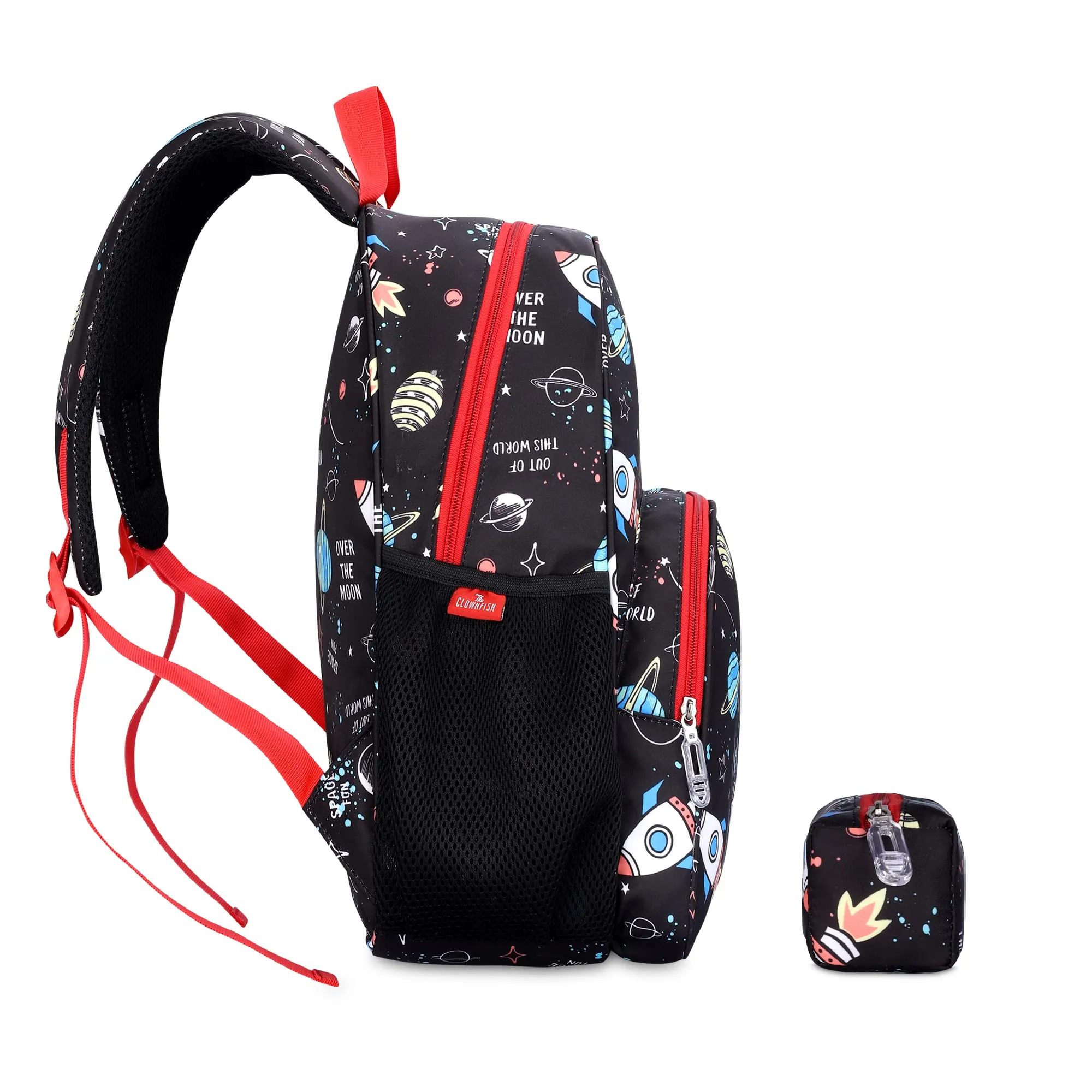 THE CLOWNFISH Cosmic Critters Series Printed Polyester 15 Litres Kids Standard Backpack School Bag With Free Pencil Staionery Pouch Daypack Picnic Bag ForTiny Tots Of Age 5-7 Yrs(Black) (Medium Size)