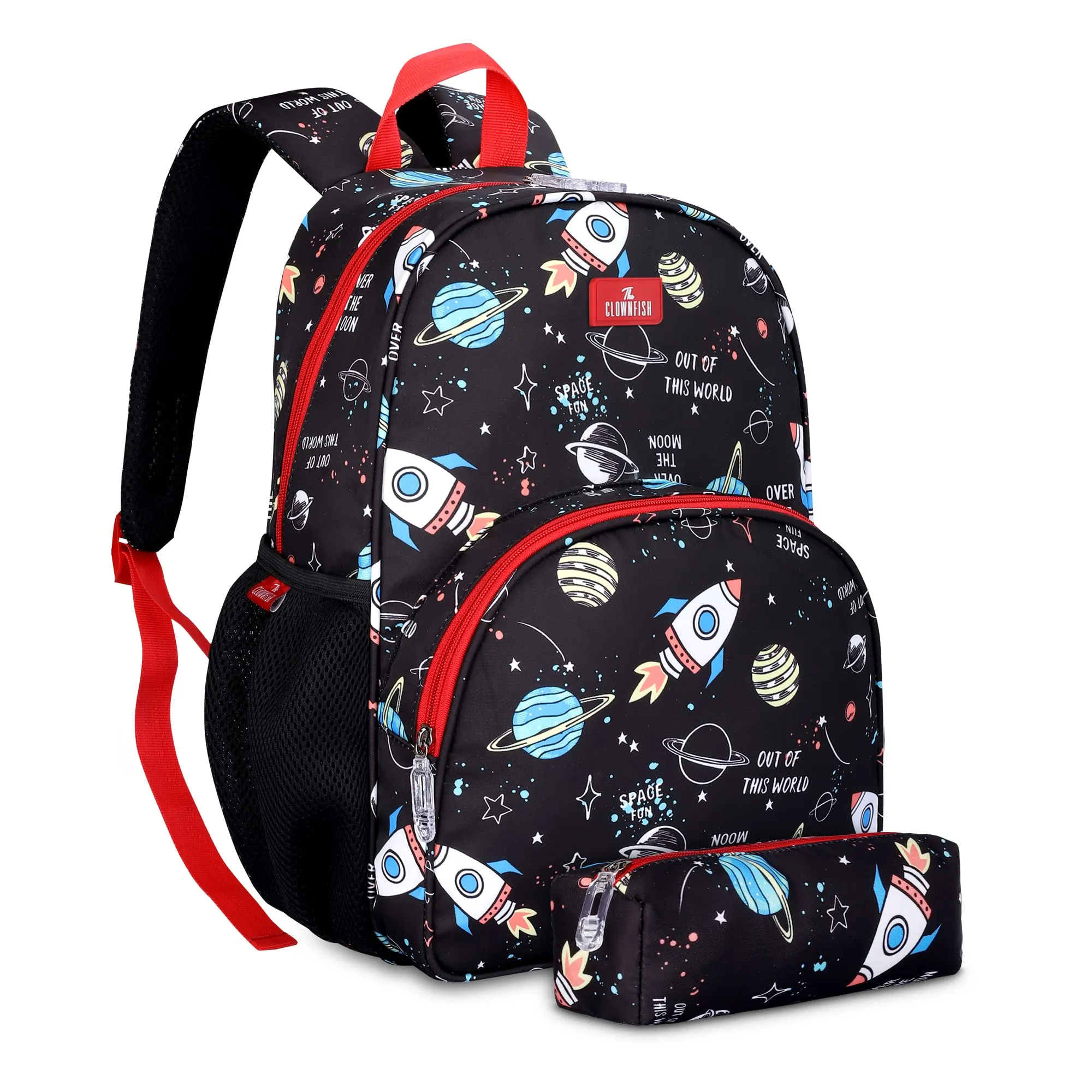 THE CLOWNFISH Cosmic Critters Series Printed Polyester 15 Litres Kids Standard Backpack School Bag With Free Pencil Staionery Pouch Daypack Picnic Bag ForTiny Tots Of Age 5-7 Yrs(Black) (Medium Size)