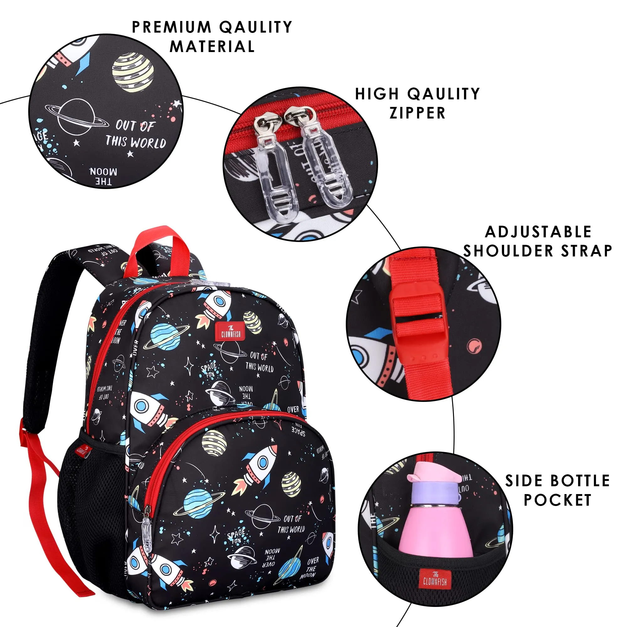 THE CLOWNFISH Cosmic Critters Series Printed Polyester 15 Litres Kids Standard Backpack School Bag With Free Pencil Staionery Pouch Daypack Picnic Bag ForTiny Tots Of Age 5-7 Yrs(Black) (Medium Size)