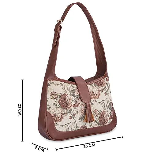 THE CLOWNFISH Samantha Tapestry & Faux Leather Handbag for Women Office Bag Ladies Shoulder Bag Tote For Women College Girls (Brown-Floral)