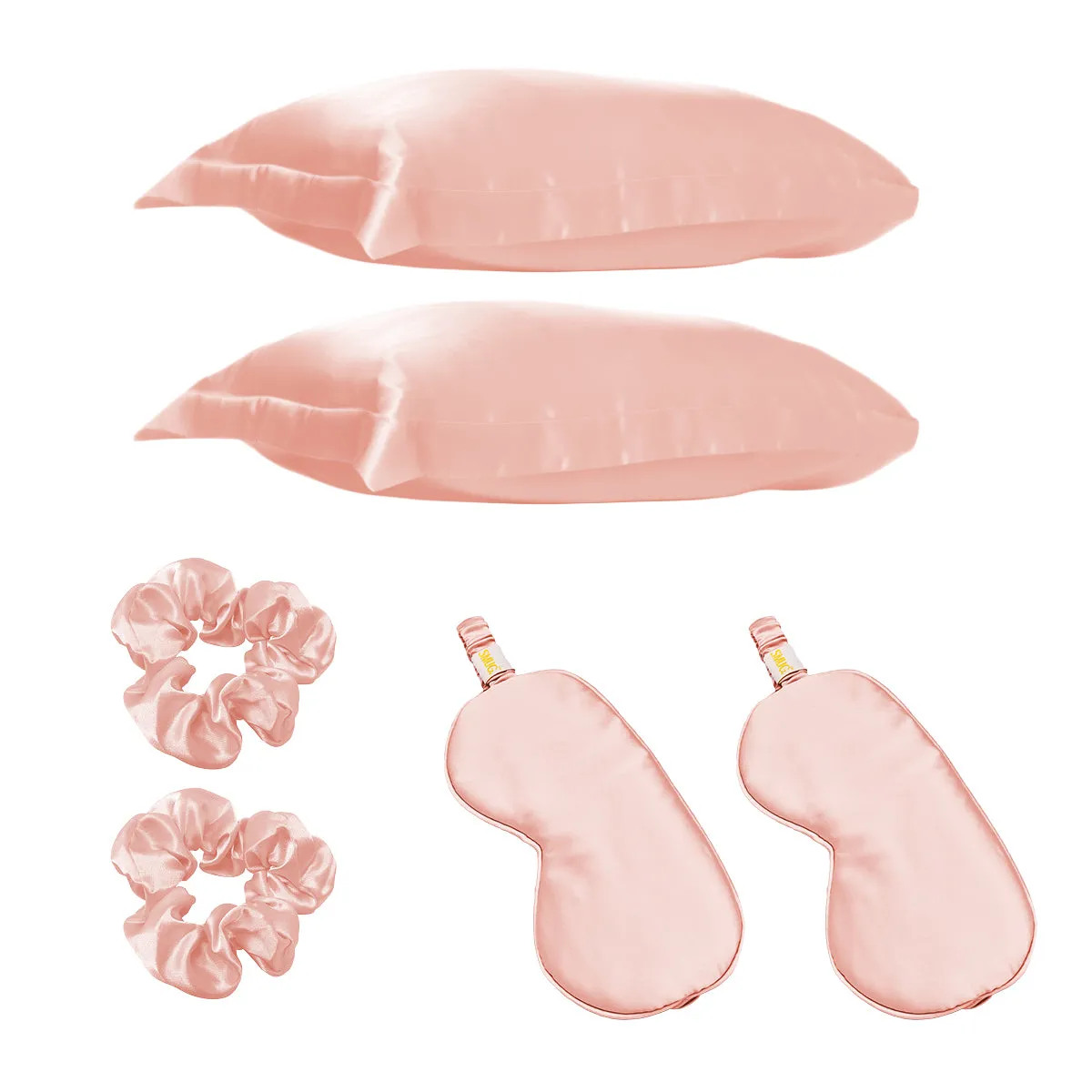 Two Satin Pillowcases, Sleep Masks & Hair Scrunchies Set - Pink