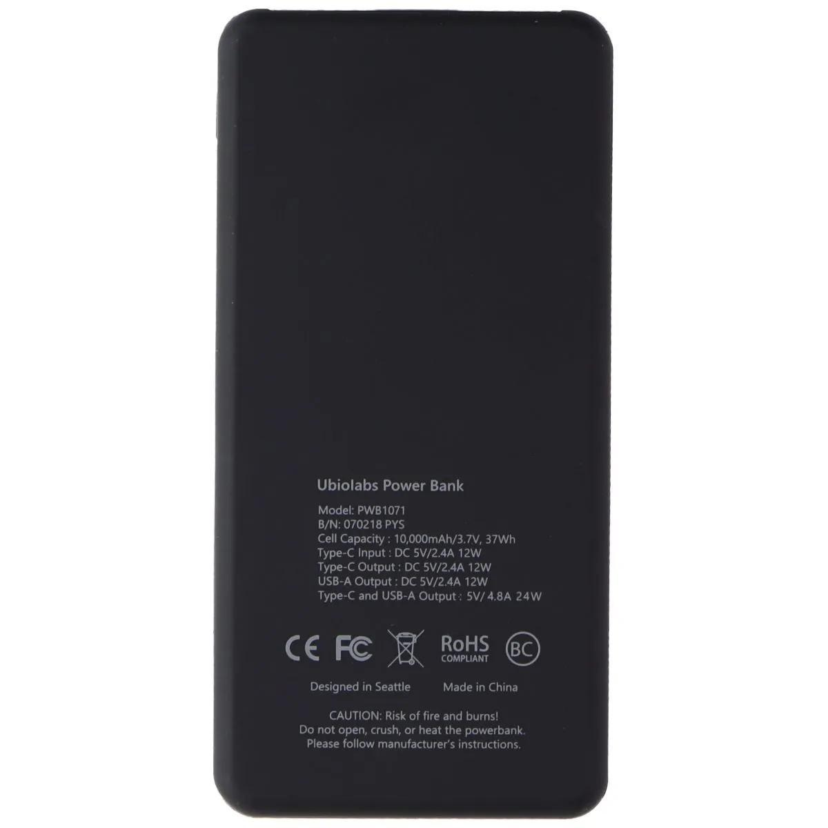 Ubiolabs 10,000mAh USB and USB-C Portable Power Bank - Black