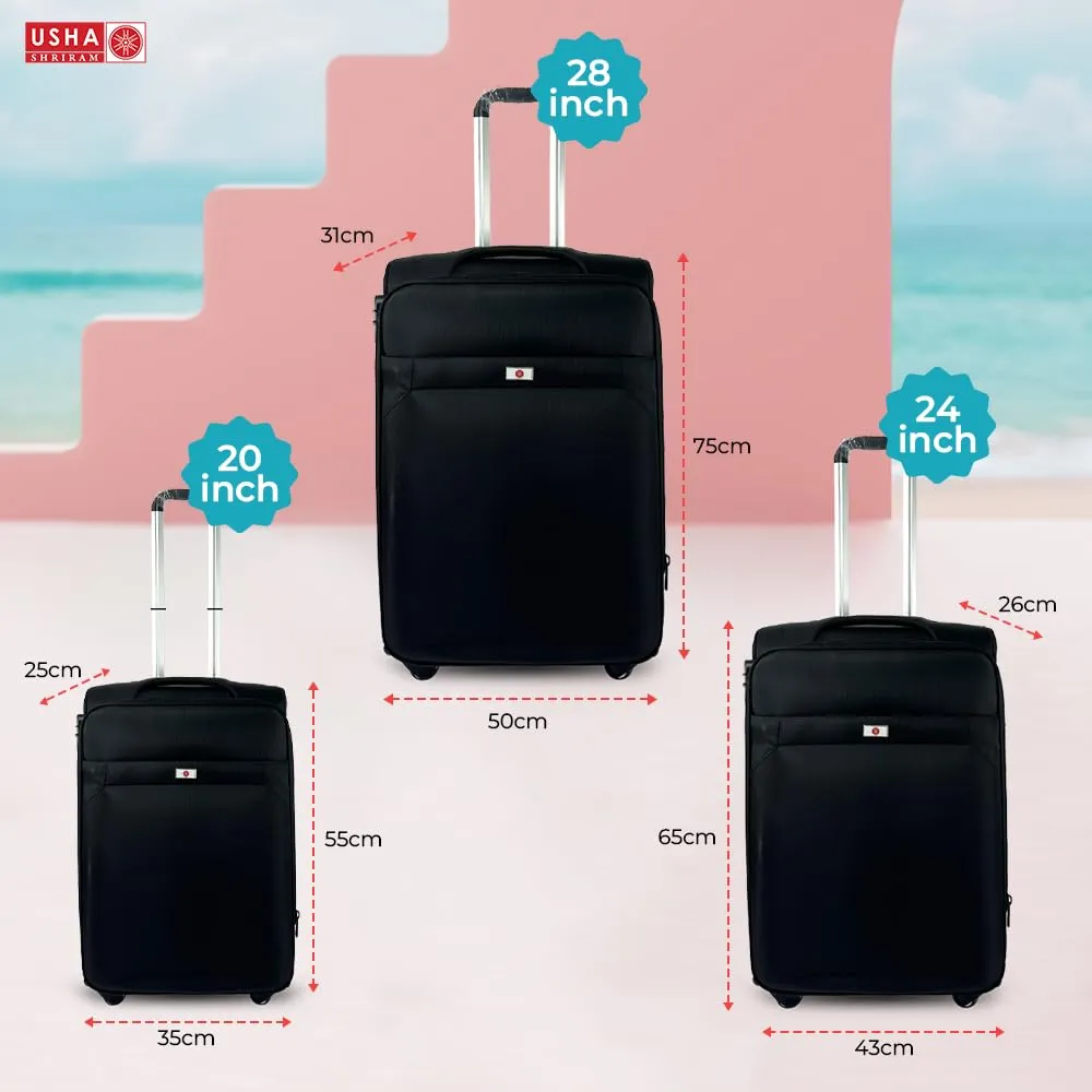 USHA SHRIRAM Fabric Luggage Bag Set of 3 (20 Inch, 24 Inch, 28 Inch) |Trolley Suitcase for Travel | Travel Luggage for Men Women |360 Degree Wheel | Travel Bags for Luggage Trolley Suitcase (Black)