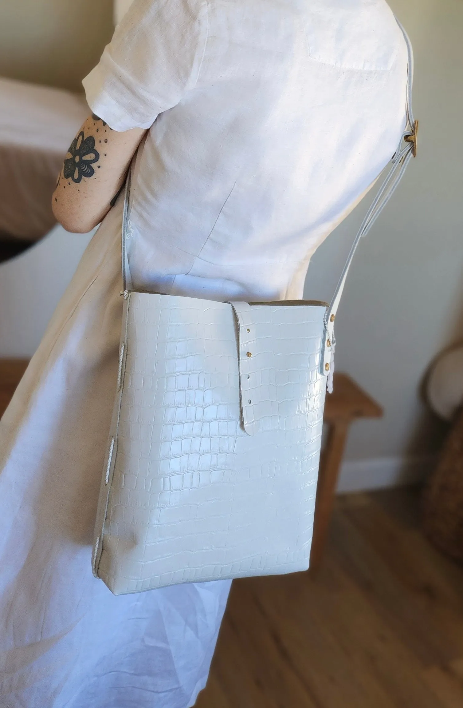 White Reptile Embossed Crossbody Bag