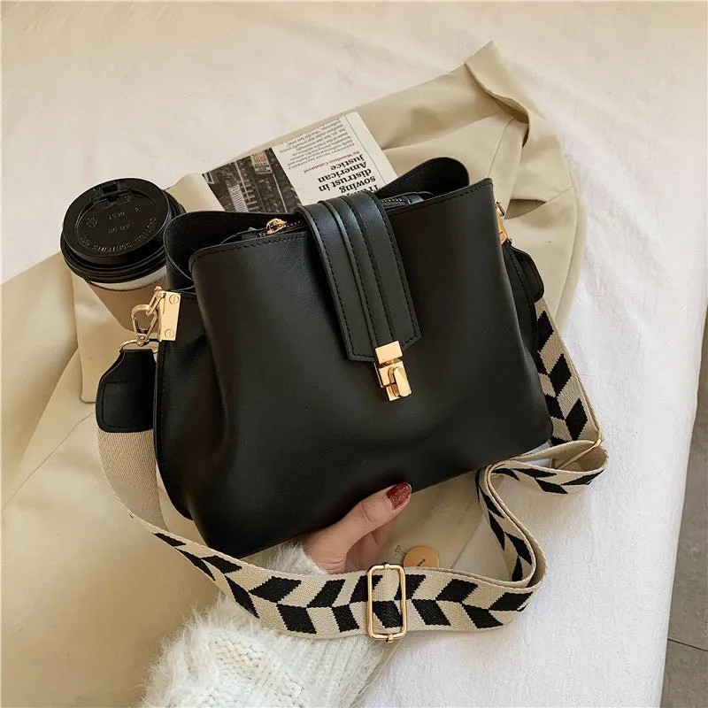 Wide Shoulder Strap Leather Bucket Bag