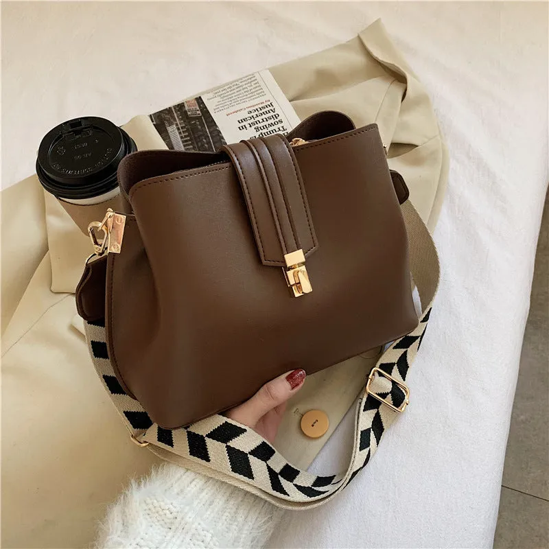 Wide Shoulder Strap Leather Bucket Bag