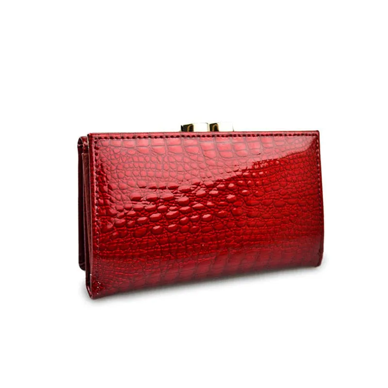 Wine Red Patent Leather Crocodile Print Purse with Gold Clasp