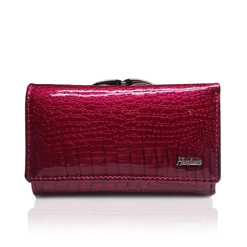 Wine Red Patent Leather Crocodile Print Purse with Gold Clasp