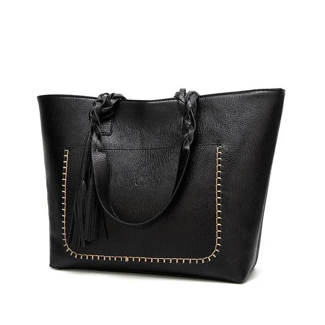 Women's Vintage Vegan Leather Tassel Tote