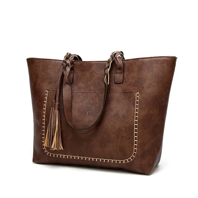 Women's Vintage Vegan Leather Tassel Tote