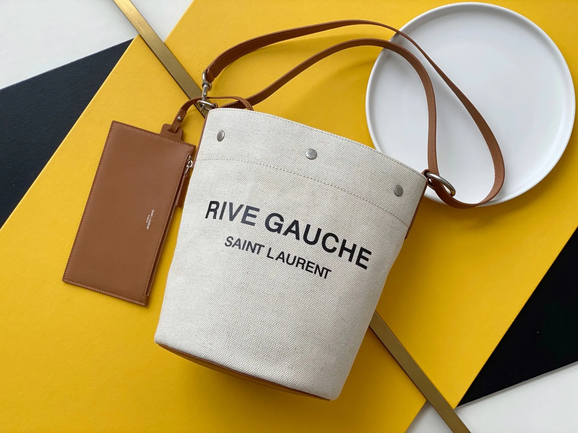 YSSL Rive Gauche Bucket Bag In Linen With Brown Strap For Women 11.4in/30cm YSL 669299FAABK9053